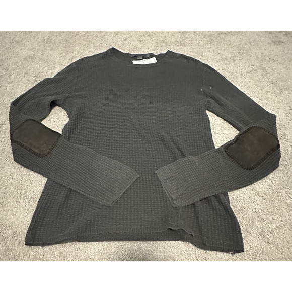 John Varvatos M Shirt Crew Neck Waffle Knit Leather Elbow Patch Charcoal Gray - Picture 1 of 11